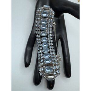 Vintage Wide Bracelet w/Prong Set Vibrant Sparkly Turquoise Blue Rhinestones